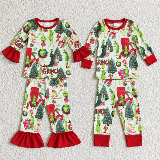Sibling Baby Kids Green Face Trees Top Pant Pajamas Sets