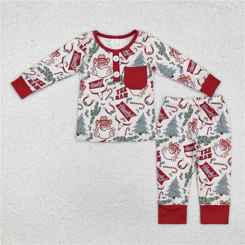 BLP0620 Baby Boys Christmas Western Santa Cactus Top Pants Bamboo Pajamas Clothes Set