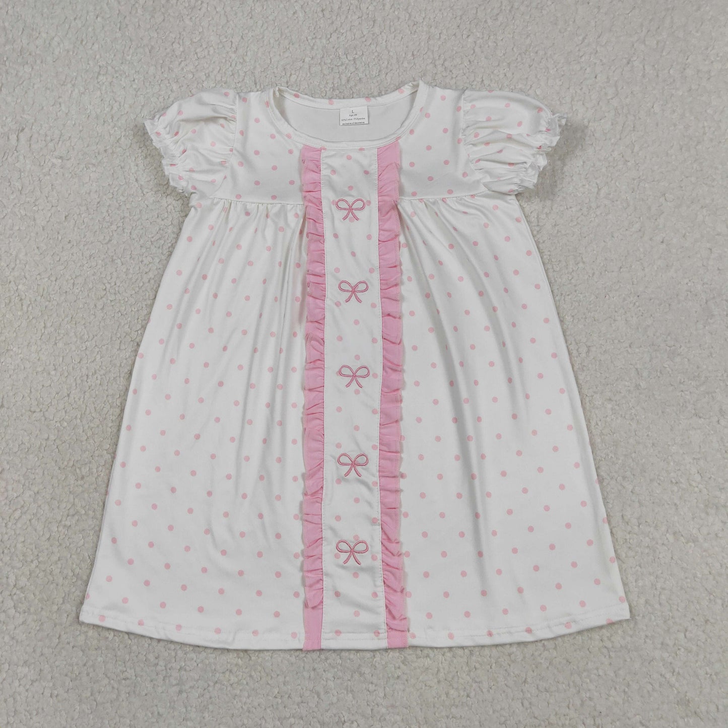 GSD3312 Kids Embroidery Bows Baby Girls Pink Polka Dots Knee Length Dresses