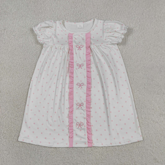 GSD3312 Kids Embroidery Bows Baby Girls Pink Polka Dots Knee Length Dresses