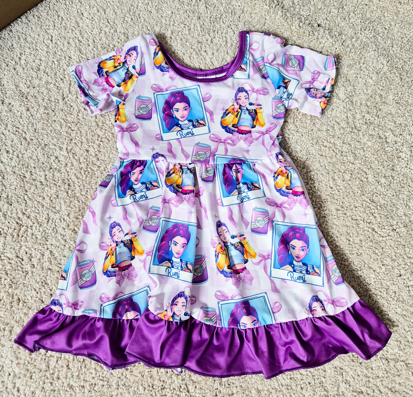 12/18m-14/16t RTS NO MOQ（In Stock) GSD3272 Baby Girls Purple Checked Bows Demon Hunter Ruffle Knee Length Dress