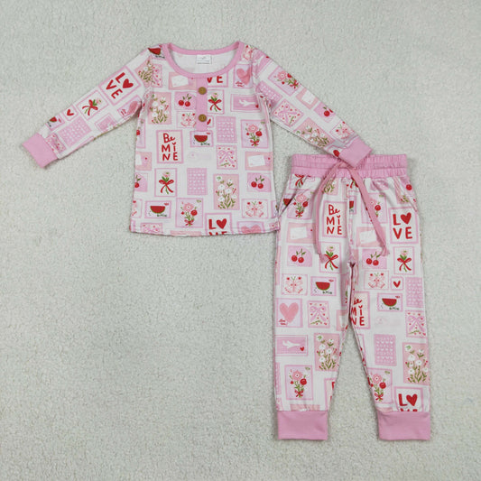 RTS NO MOQ(In Stock) GLP2946 Love Heart Flower Cherry Checkered Square Pink and White Long-Sleeve Pants Pajama Set
