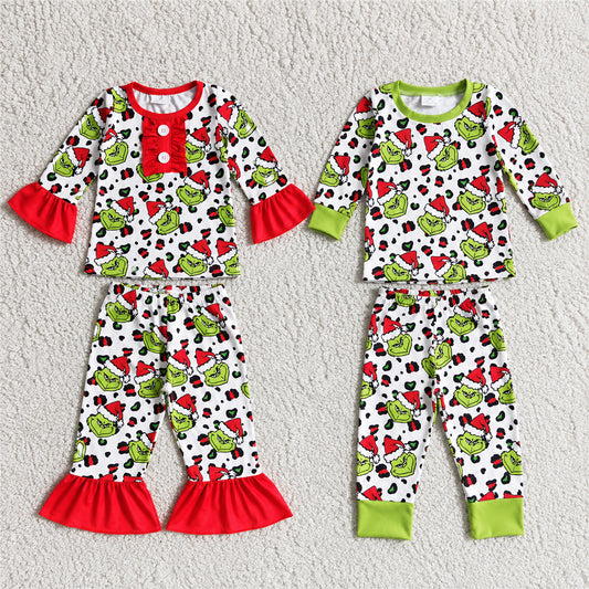 Sibling Baby Boys Girls Christmas Cartoon Ruffle Pajamas Pants Sets