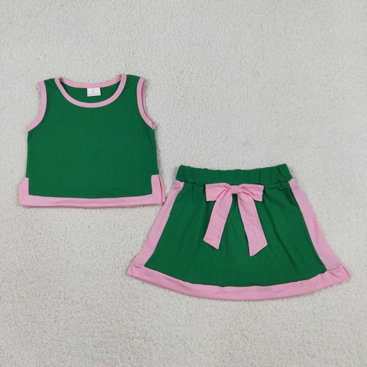 GSD3830 Kids Baby Girls Green Pink Sleeveless Vest Top Bows Skirt Shorts Clothes Sets