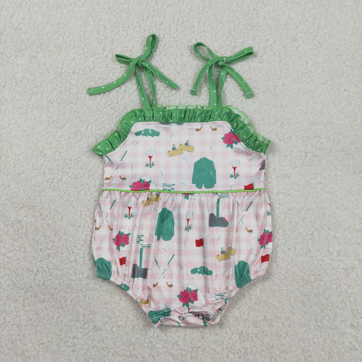 RTS NO MOQ（In Stock) SR3868 Pink Plaid Holster Jumpsuit with Golf Ball Floral Pattern