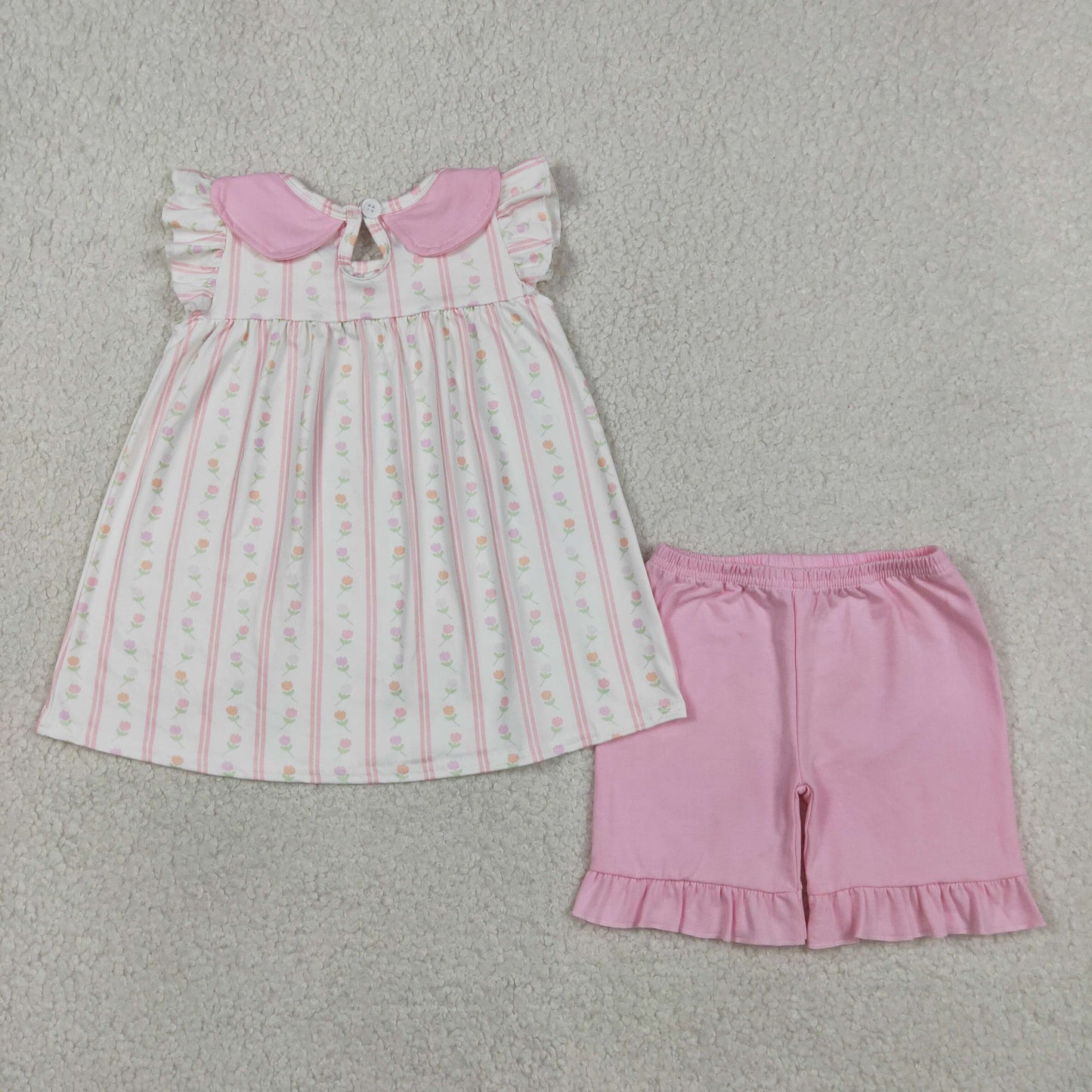GSSO3363 Kids Baby Girls Pink Flowers Stripe Collar Tunic Ruffle Shorts Clothes Sets