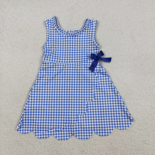 GSD3427 Kids Baby Girls Blue Checked Yoga Active Scallop Shorts Knee Length Dresses
