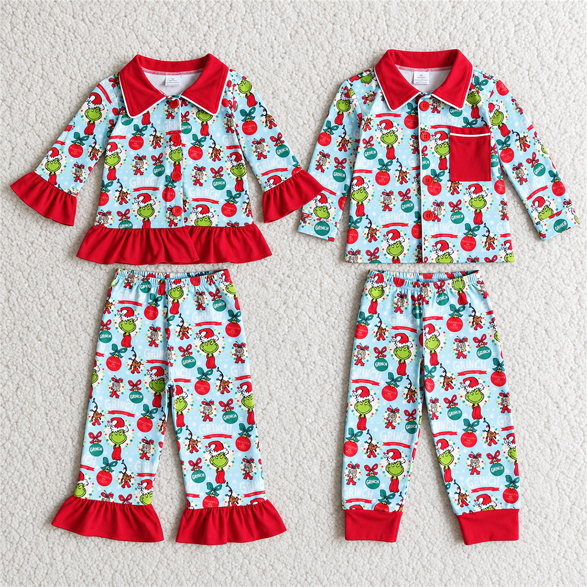 Sibling Baby Boys Girls Kids Green Faces Miss Button Top Pants Christmas Pajamas Sets