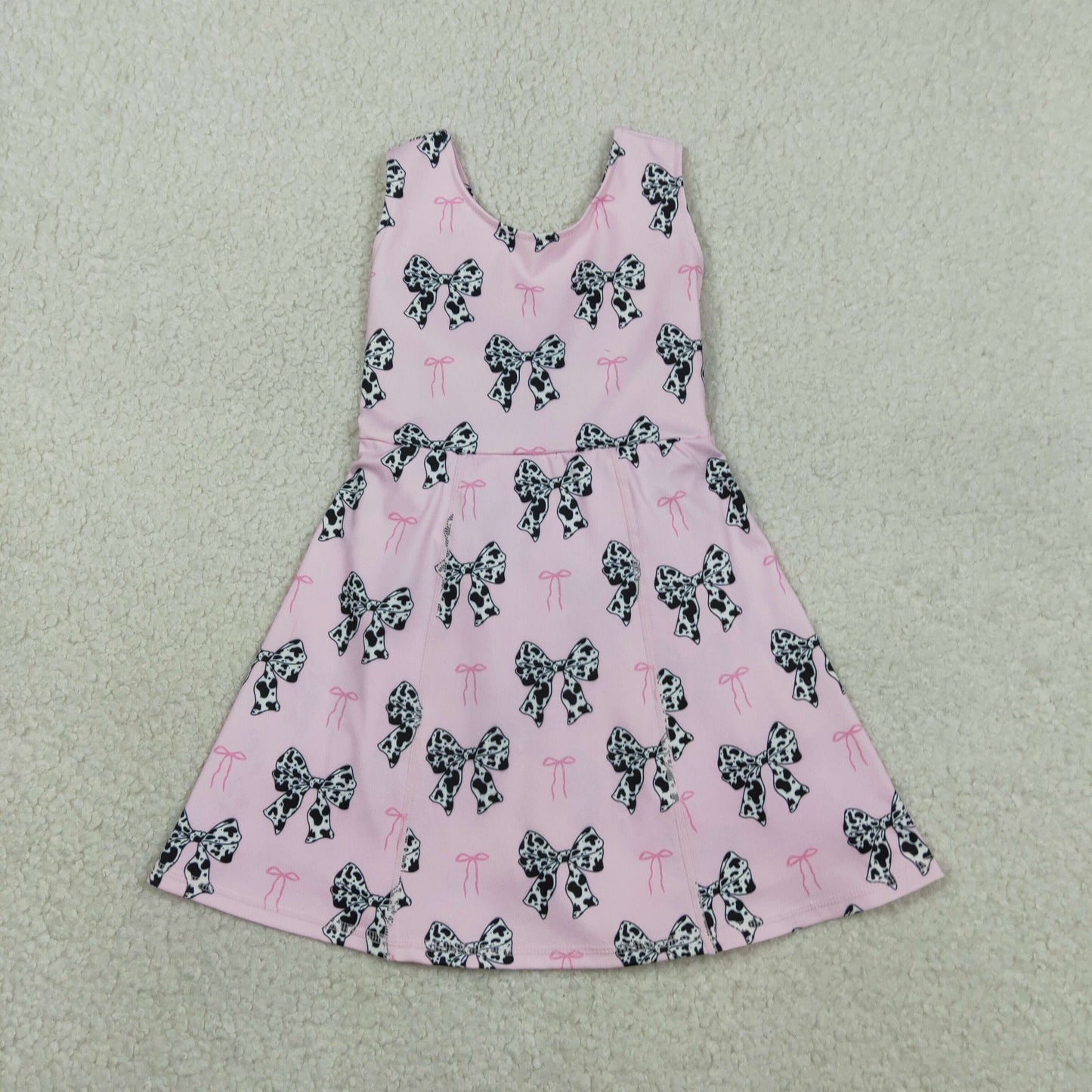 GSD1853 Kids Baby Girl Western Cow Print Bow Sleeveless Skort Knee Length Dresses