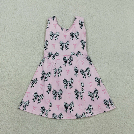 GSD1853 Kids Baby Girl Western Cow Print Bow Sleeveless Skort Knee Length Dresses