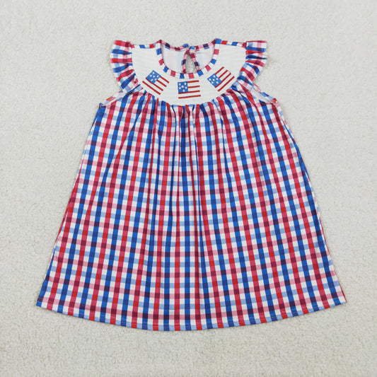 GSD3506 Kids Baby Girl Smocked Flags Red Blue Checked 4th Of July Knee Length Dresses