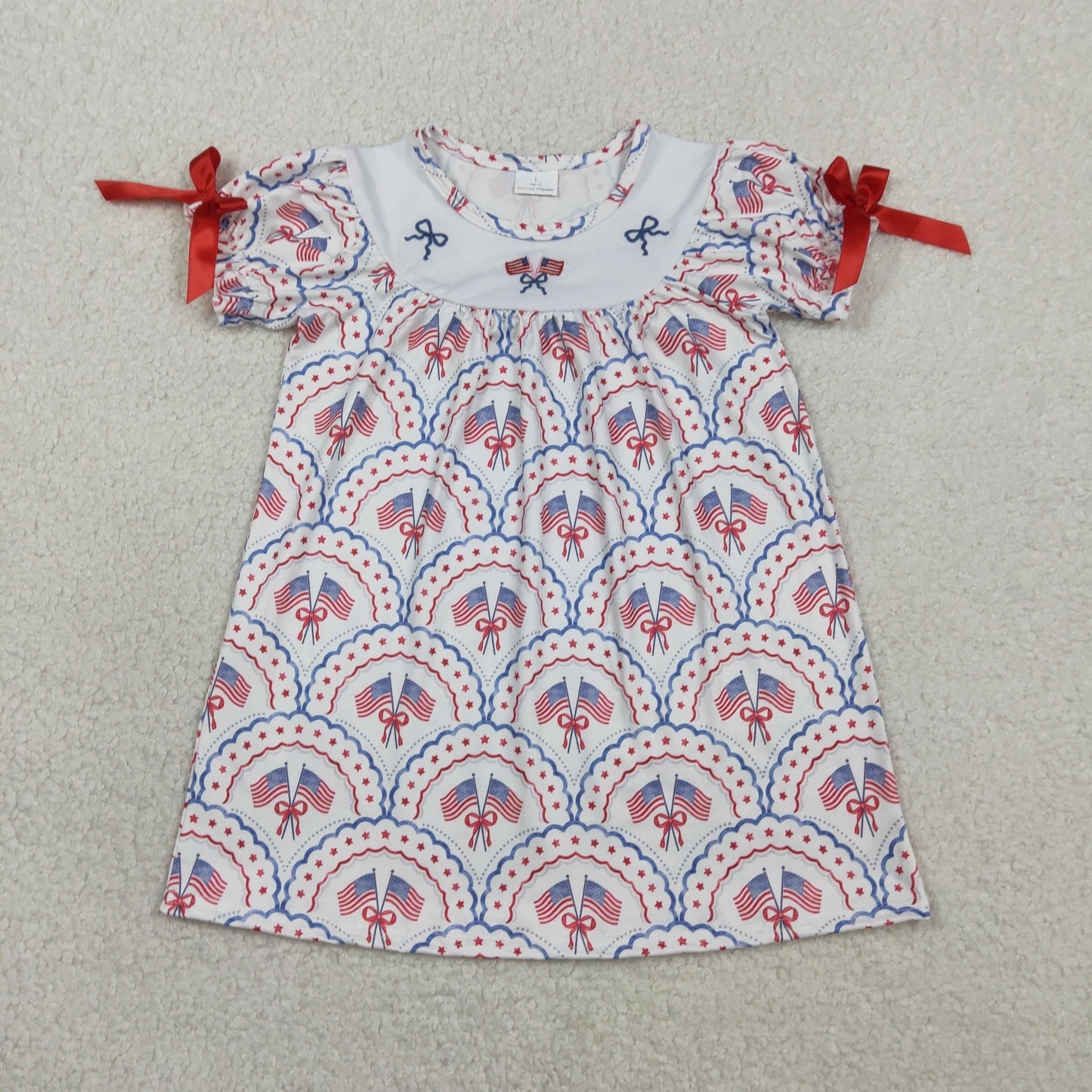 GSD3525 Kids Baby Girl Embroidery Bows Flags Checked 4th of July Knee Length Dresses