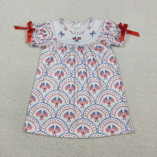 GSD3525 Kids Baby Girl Embroidery Bows Flags Checked 4th of July Knee Length Dresses