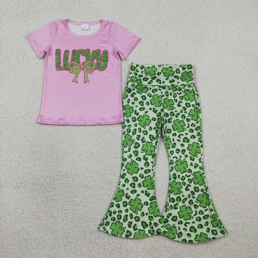 GSPO2104 Kids Baby Girl Clover Bow Lucky Top Bell Bottom Pants St Patrick Clothes Sets