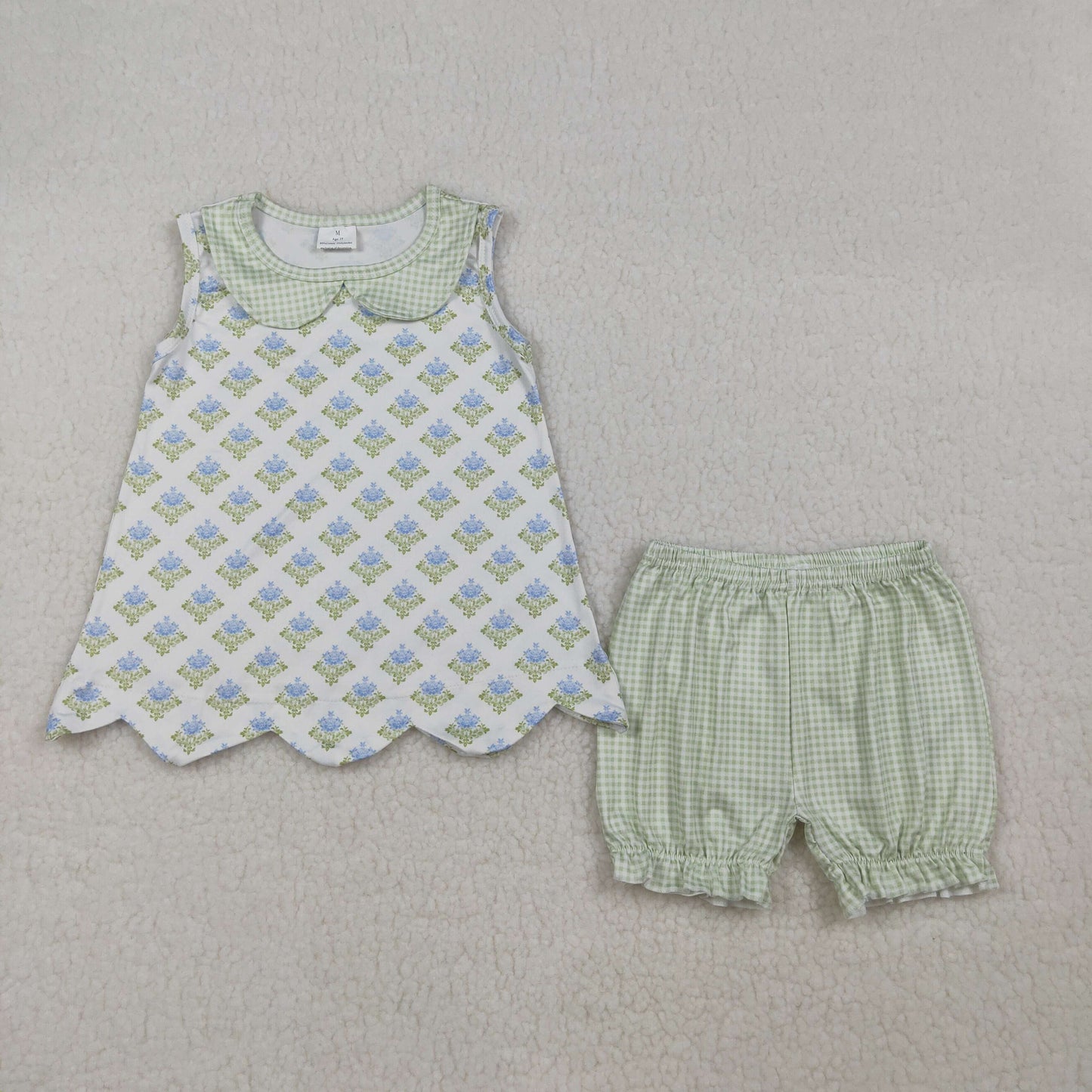 GSSO2850 Kids Baby Girl Flowers Plaid Collar Tunic Ruffle Shorts Clothes Sets