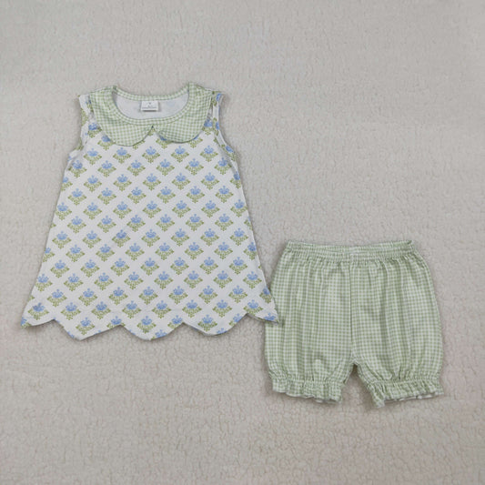 GSSO2850 Kids Baby Girl Flowers Plaid Collar Tunic Ruffle Shorts Clothes Sets