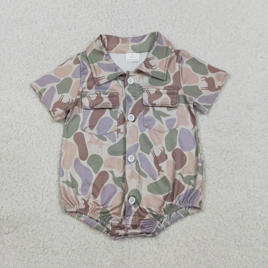 SR3544 Newborn Baby Boy Ducks Dogs Deer Camo Pockets Button Hunting Rompers