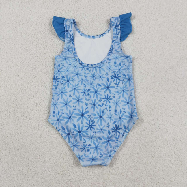 S0515 Kids Baby Girls Flutter Sleeve Blue Flowers One Piece Bummies Swimsuits