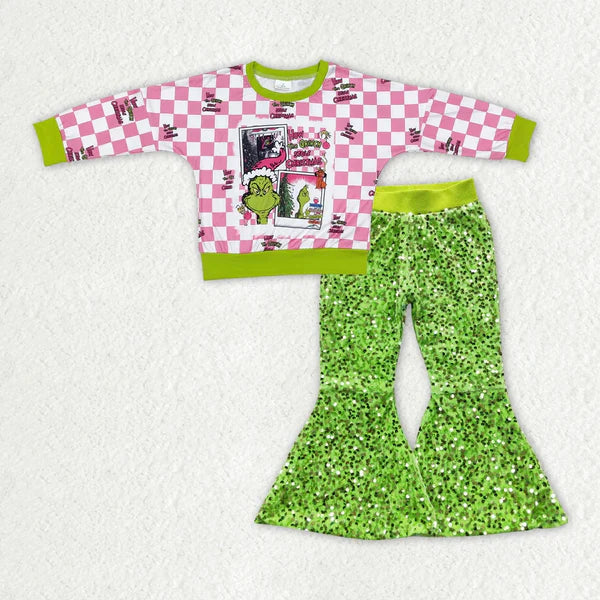 GT0733+P0148 Baby Girls Christmas Frog Shirt Green Sequin Bell Pants Clothes Set