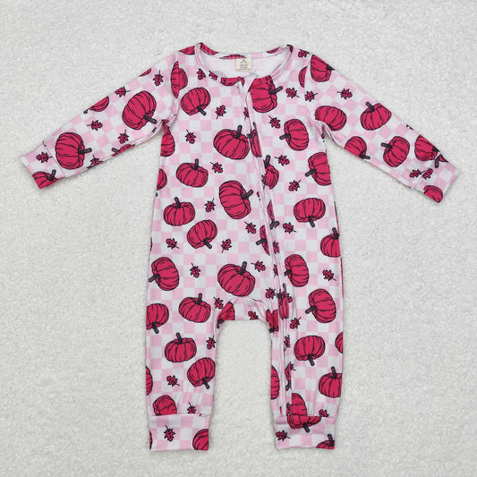 LR1456 Bamboo Baby Infant Girls Pink Checkered Pumpkins Fall Zip Romper