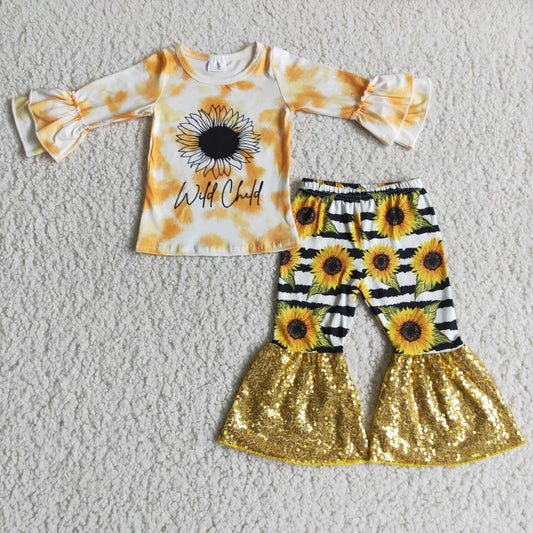 9.5RTS NO MOQ ETA 5/7days 6 A10-13 Sunflower Long Sleeve Top Yellow Sequin Flared Pants Set