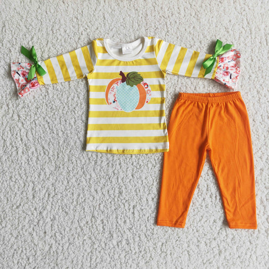 9.1 RTS NO MOQ 6 A10-14 Pumpkin Yellow Striped Long Sleeve Pants Suit