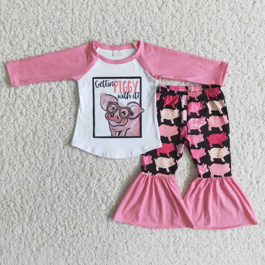 9.5 rts no moq 6 A10-17 girls outfit long sleeve and long pants pink pig print