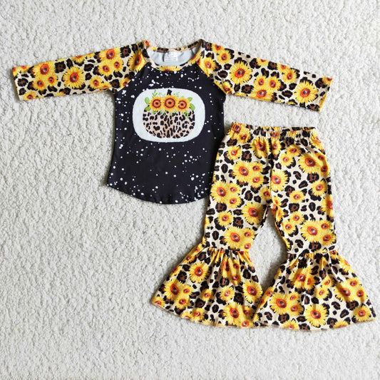 9.5 rts no moq 6 A10-19 Leopard Print Pumpkin Sunflower Long Sleeve Trouser Set