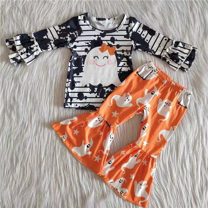 6 A11-13 cute ghost print long-sleeve top and printed trousers set Halloween Holiday