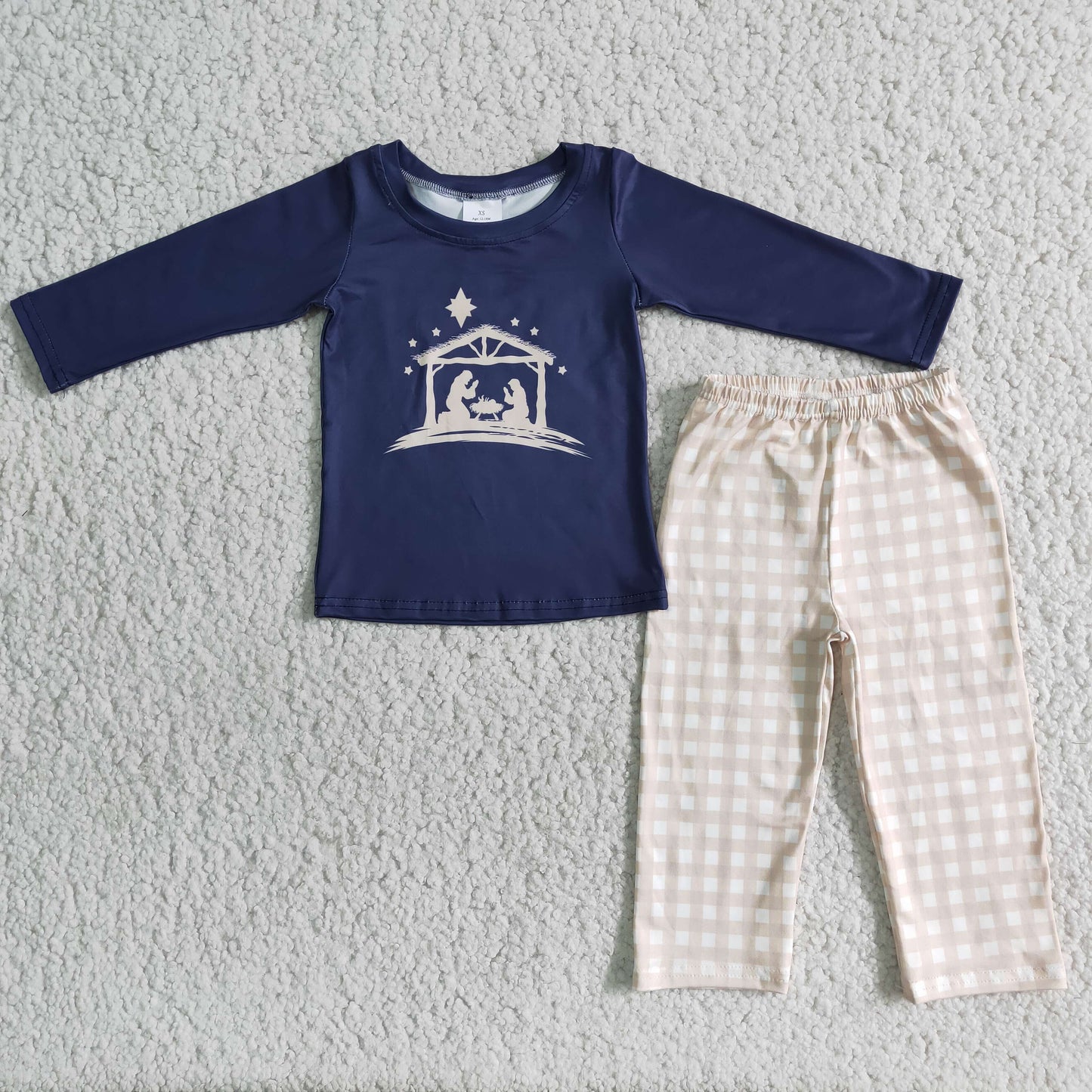 11.25 RTS NO MOQ（In Stock) 6 A11-1 Boys Dark Blue Long Sleeve Jesus Top Plaid Pants