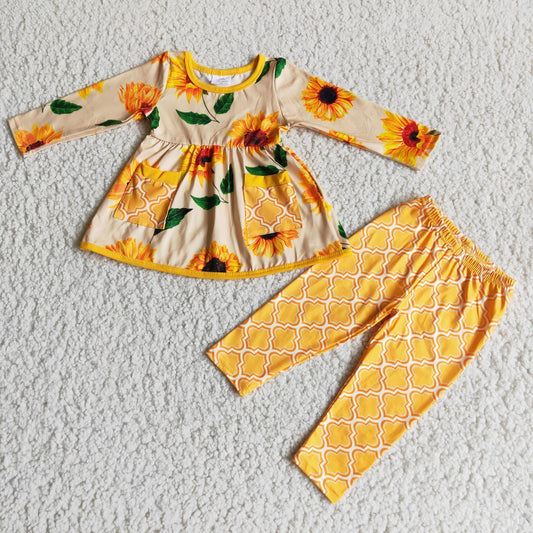 9.5 RTS NO MOQ ETA 5/7days 6 A11-30 2 pcs dress top with bell bottom pants girl sunflower outfits