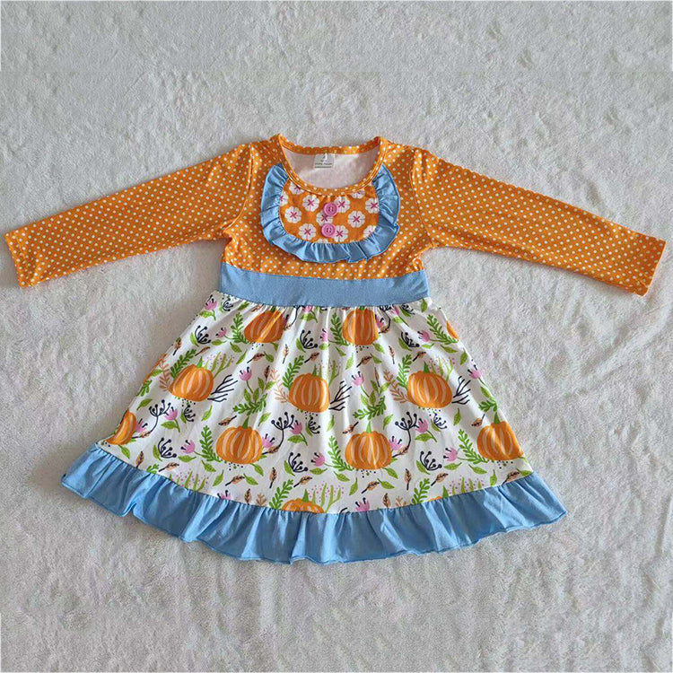 9.5 rts no moq 6A12-30 Pumpkin Long Sleeve White Speckled Dress
