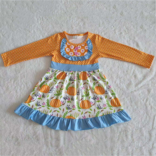 9.5 rts no moq 6A12-30 Pumpkin Long Sleeve White Speckled Dress