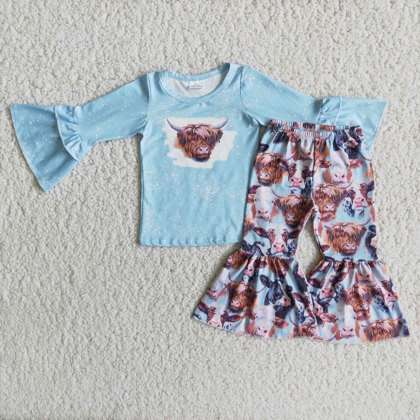 9.5 RTS NO MOQ ETA 5/7days 6 A13-13 Bull-head blue long-sleeve top and bell-bottom pants suit