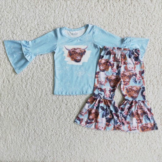 9.5 RTS NO MOQ ETA 5/7days 6 A13-13 Bull-head blue long-sleeve top and bell-bottom pants suit