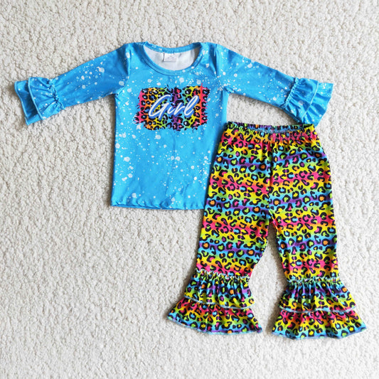 9.5 RTS NO MOQ 6 A13-19 Gire Blue Long Sleeve Top Leopard Pants Set