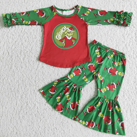9.5 RTS NO MOQ ETA 5/7days Arrived 6 A13-20 grinch green long sleeve bell pants suit