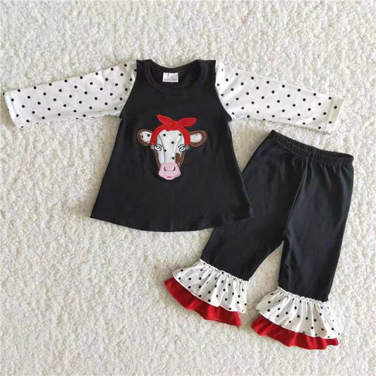 8.4 RTS NO MOQ(In Stock) 6 A13-26 Girls Outfit Cow Print Trousers Boutique Set