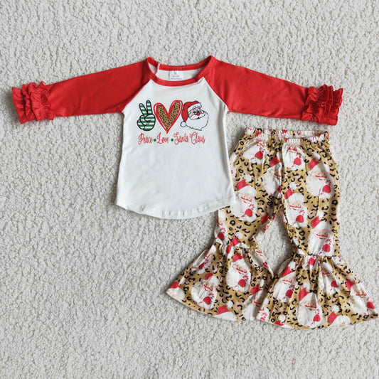 12.2 6 A13-5 Girls Peace Love Santa Leopard Bell Outfit