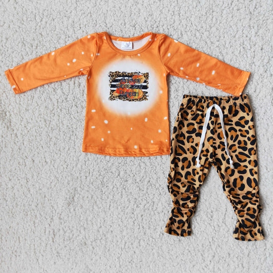 8.4 RTS NO MOQ（In Stock) 6 A14-20 pumpkin orange pumpkin long sleeve top leopard print pants suit