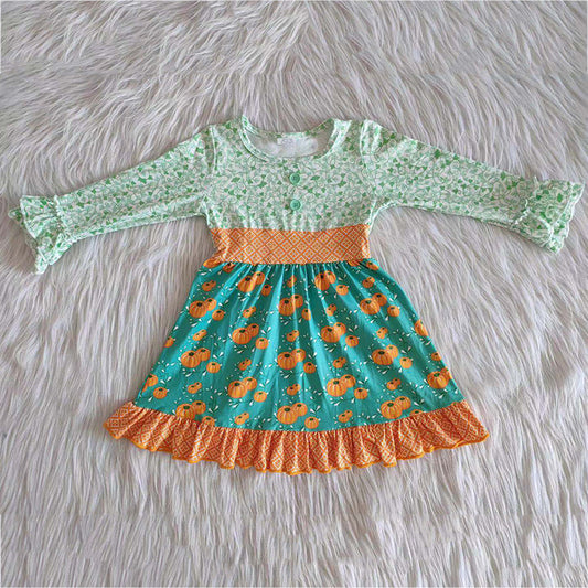 9.5 rts no moq 6 A14-26 Patterned Pumpkin Long Sleeve Dresspumkin