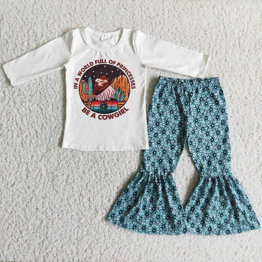 9.13 6 A14-29 COW GIRL white three-quarter sleeve top floral bell pants suit