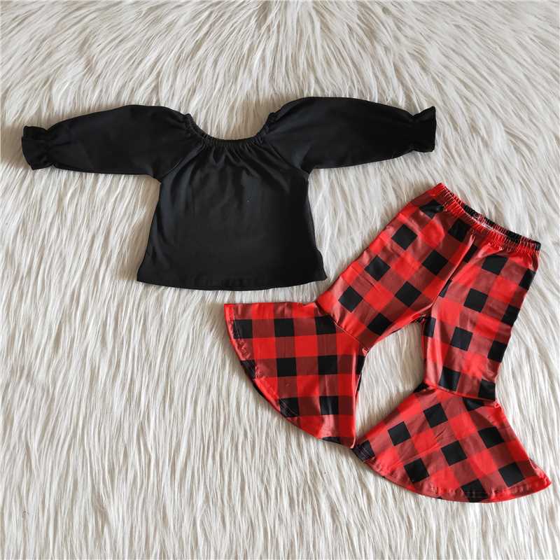 9.5 6 A15-13 Girls black top red plaid pants suit