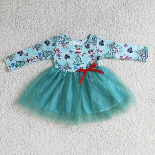 9.5 RTS NO MOQ ETA 5/7days arrived 6 A15-1 Christmas day cartoon print long sleeve mesh dress