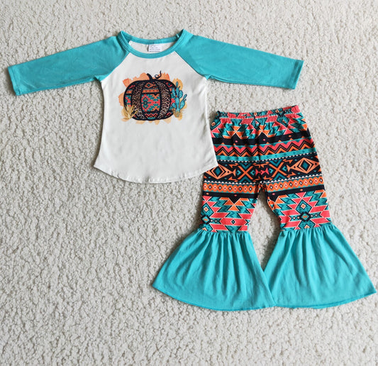 RTS NO MOQ（In Stock）6 A18-14 Geometric Pumpkin Top Argyle Flare Pants Set