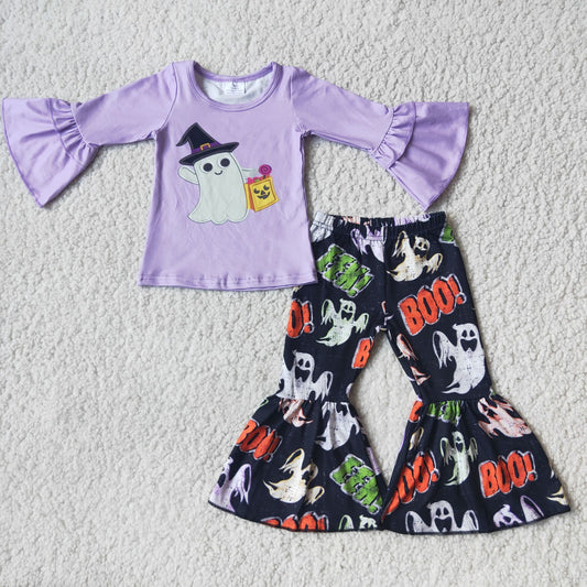 9.13 6 A19-12 Halloween Purple Long Sleeve Top BOO Flared Pants Suit