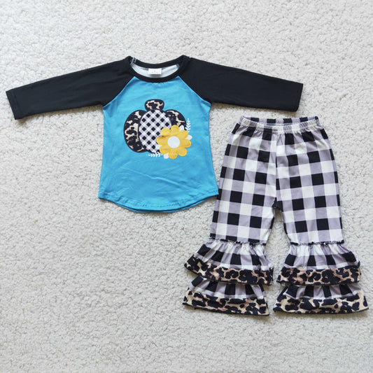 8.25 6 A2-17 Pumpkin flower top plaid ruffle leg trousers suit