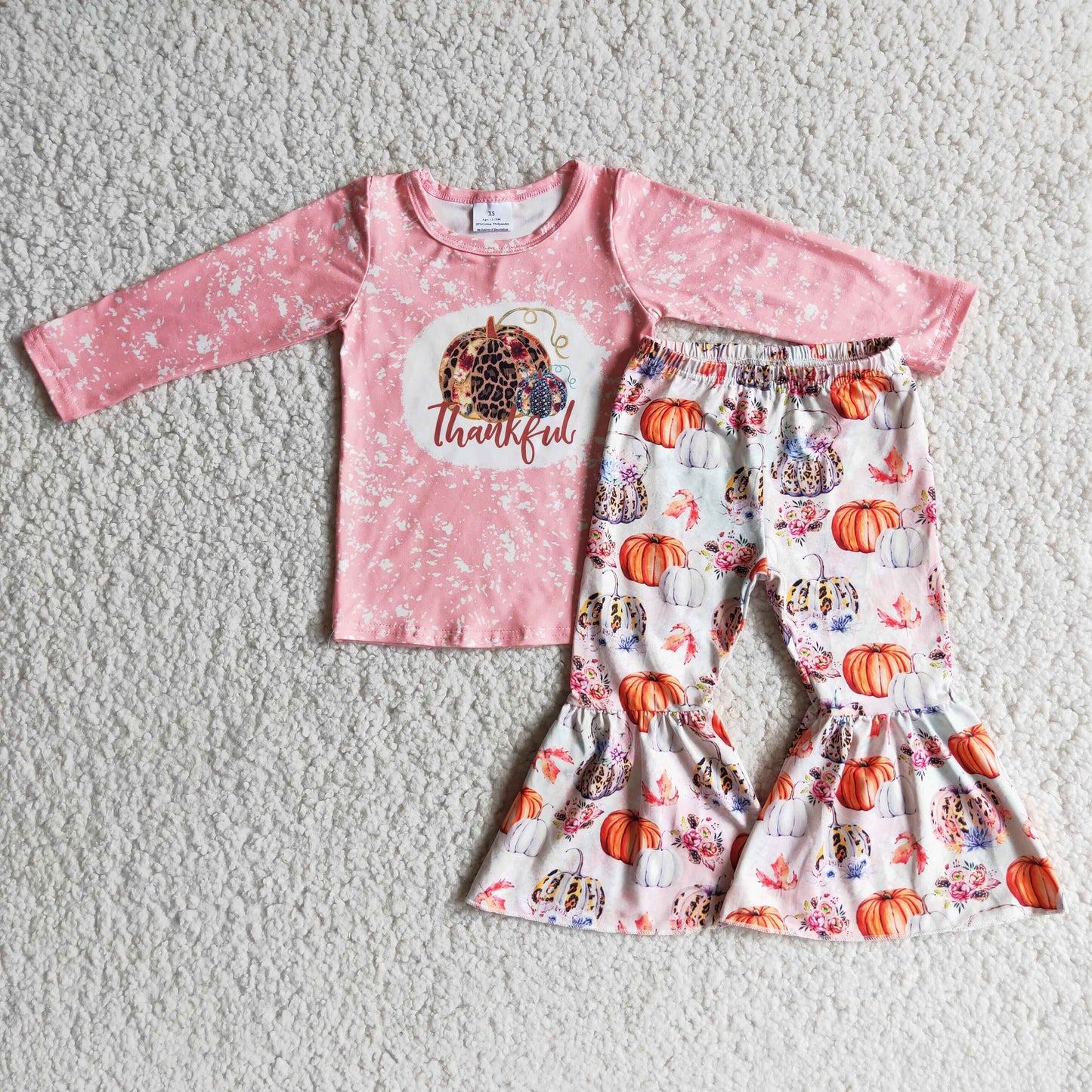 10.7 6 A2-3 Thankful Long Sleeve Pink Top Pumpkin Flared Pants Set