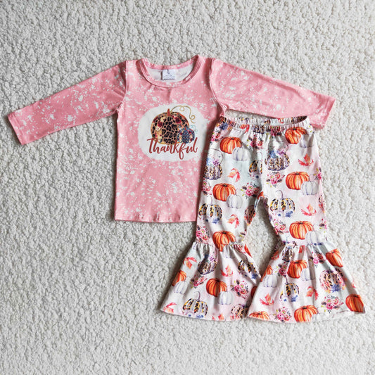 10.7 6 A2-3 Thankful Long Sleeve Pink Top Pumpkin Flared Pants Set