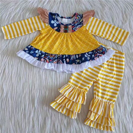 RTS NO MOQ ETA 5/7days Arrived 6 A20-11 Girls Outfit Flower Print Trousers Boutique Set Milk Silk